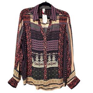 Raga By Anthropologie Button‎ Front Black Motif Blouse Size Large NWT